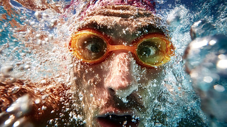 Swimmer pushing through water, creating splashes and bubbles, wearing orange goggles and a cap, capturing intense focus and dynamic movement in a close up underwater viewの写真素材
