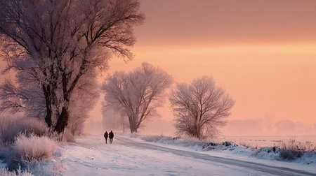 Couple walking away on a snow covered path alongside frost covered trees under a vibrant orange and pink sunset sky, presenting a serene winter landscapeの写真素材