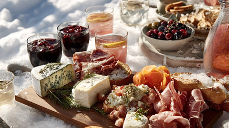 Gourmet charcuterie board with cheeses, cured meats, crackers, berries and cocktails artfully...