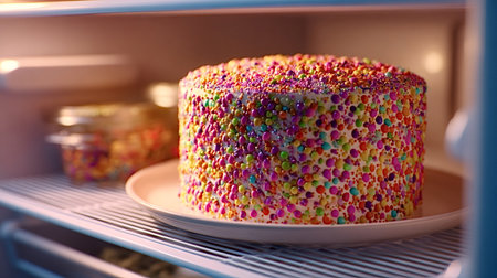 Colorful sprinkle cake chilling on a refrigerator shelf, frosted vanilla dessert topped with vibrant...