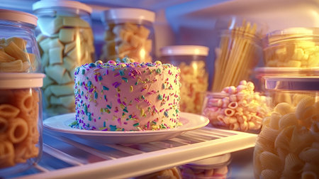 Bright pink sprinkle covered cake on a refrigerator shelf, surrounded by glass jars of assorted dry...
