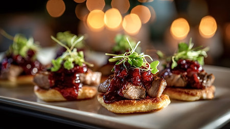 Appetizers featuring beef steak slices on toasted bread, topped with vibrant cranberry sauce and fresh microgreens, arranged elegantly on a platter in a festive setting with bokeh lightsの写真素材