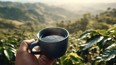 Hand holding a steaming coffee cup, celebrating organic coffee production and the fresh aroma of a morning beverage at a green mountainside plantationの写真素材