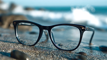 Reading glasses with water droplets on the lenses are resting on dark sand, finding clarity and...