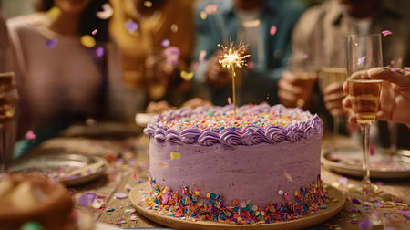 Purple birthday cake adorned with colorful sprinkles and a sparkler, sitting on a wooden table, surrounded by hands holding champagne flutes and falling confetti, creating a festive party atmosphereの写真素材