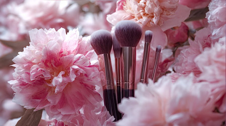 Makeup brushes resting among soft pink peonies evoke a luxurious and feminine aesthetic, symbolizing beauty, floral care, and elegant cosmetic applicationsの写真素材
