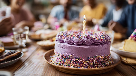 Birthday cake with purple frosting and colorful sprinkles, lit candle glowing on a wooden table...