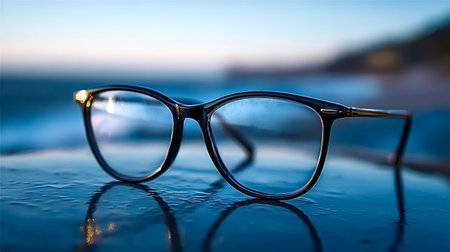 Eyeglasses resting on a wet dark blue surface reflecting water and sky, symbolizing clear vision,...