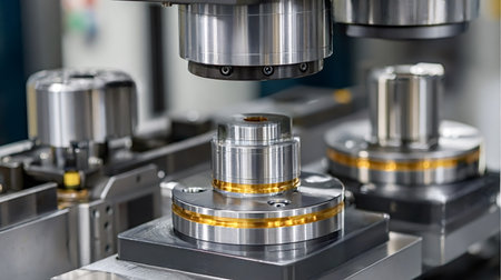 High tech cnc machine machining a shiny precision metal component with golden rings, showcasing...