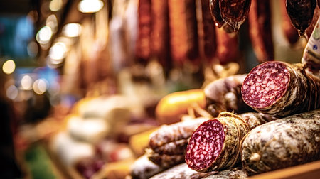 Salami and various cured meats arranging on a market stall, showing traditional butchery and the rich colors of gourmet food products against a soft bokeh backgroundの写真素材