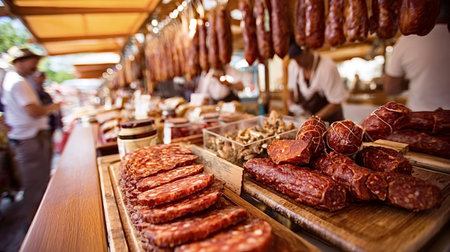 Artisanal salami, sausages, and cured meat products are displayed for sale on a wooden counter at an...