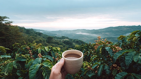 Hand holding a warm cup of coffee while enjoying a tranquil morning looking over a lush green valley...