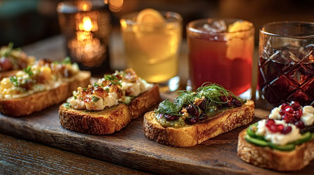 Gourmet crostini and colorful cocktails arranged on wooden boards under warm light, perfect for evening gatherings, tastings, and elegant small plate celebrationsの写真素材