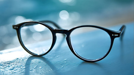 Black framed eyeglasses with clear lenses on wet light blue wood, natural sunlight and bokeh water...