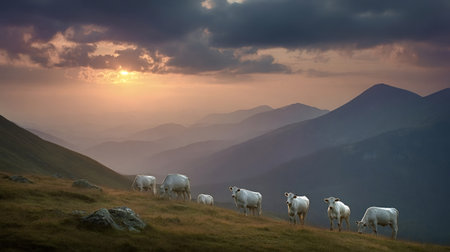 Several white cows are grazing on a grassy mountain slope, illuminated by the warm light of the setting sun, with hazy layers of mountains stretching into the distance under a cloudy skyの写真素材