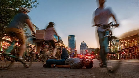 Man lying exhausted on an urban street while blurred cyclists pass, illustrating concepts of modern city life, stress, contrast, motion, and stillness in a busy environment at duskの写真素材