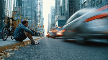 Man with a bicycle sitting by himself on a city sidewalk, surrounded by the blur of fast moving urban traffic and towering buildings, reflecting on profound thoughtsの写真素材