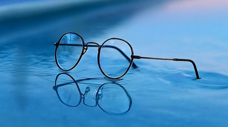Round framed glasses resting partially submerged in vibrant blue water, showing a sharp reflection...