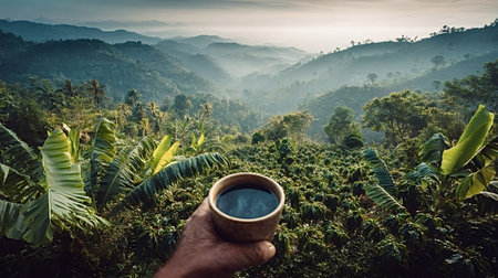 Hand holding a steaming cup of coffee, enjoying the morning ritual surrounded by lush green coffee plants and banana trees in a misty tropical mountain landscapeの写真素材