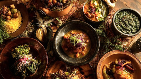Assorted ethiopian dishes, colorful stews, legumes, vegetables and grains served in ceramic and wooden bowls on a textured cloth, overhead view of authentic communal feastの写真素材