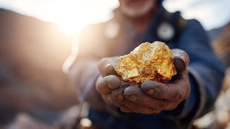 Miner holding a large rough gold nugget in dirty hands, celebrating a valuable discovery of precious...