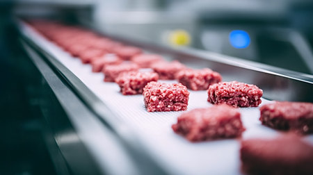 Individual uncooked ground beef portions traveling on a clean conveyor belt in a modern food...