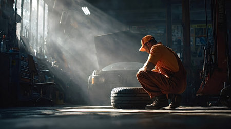 Mechanic squatting, examining a tire on the floor of a car repair shop, with an open car hood and sunbeams filtering through the dusty air, highlighting the workspace and toolsの写真素材