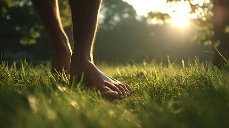 Person's bare feet stepping on fresh green grass, connecting with nature during a peaceful morning walk as warm golden sunlight filters through the treesの写真素材