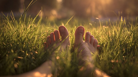 Bare feet relaxing in fresh green grass, feeling the connection with nature and the earth during a...