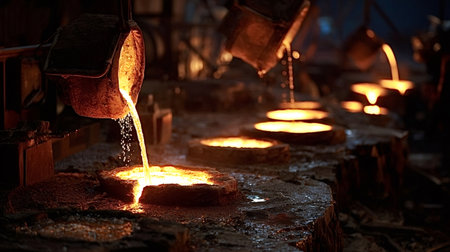 Molten metal pouring from a large ladle into glowing molds on a factory floor, illustrating...