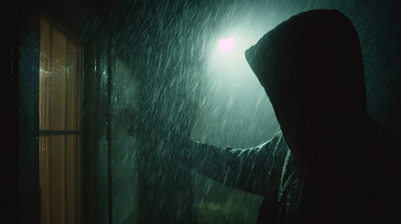 Hooded figure with flashlight stands in pouring rain at night outside a dim house, silhouette and shadowy beam create tense, cinematic atmosphere of mystery and threatの写真素材