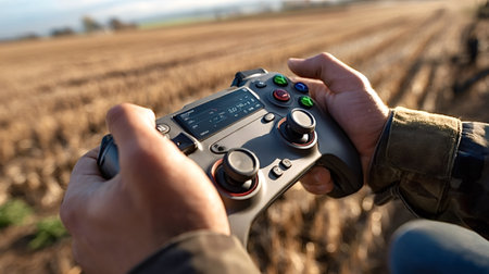 Person's hands holding a modern drone remote controller with a display screen, using advanced...