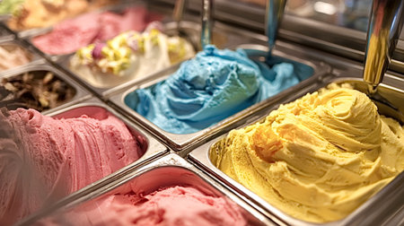 Assorted fresh gelato flavors featuring vibrant pink, blue, and yellow scoops are displayed in metal...