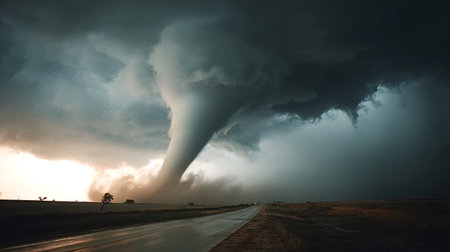 Tornado funnel cloud forming over a rural road, highlighting extreme weather, danger, and the raw...