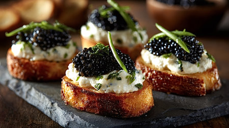 Fresh black caviar on creamy cheese spread over toasted bread, garnished with herbs, creating an...