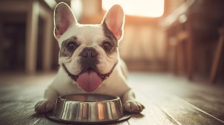 Happy French bulldog puppy with a wide smile and tongue out, confidently lying on a wooden floor next to an empty food bowl, anticipating a meal in sunny domestic lightingの写真素材