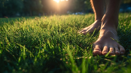 Bare stepping feet softly on vibrant green grass with morning dew, bathed in the warm, golden light...