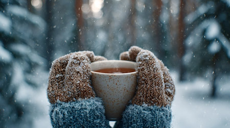Hands wearing cozy knitted mittens embrace a steaming mug of hot tea or coffee, providing warmth and...