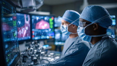 Surgeons in scrubs and masks operate robotic surgical system, monitoring multiple digital screens...
