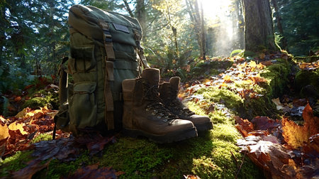 Green backpack and brown hiking boots resting on mossy ground covered with autumn leaves in a sunlit forest, representing adventure, exploration, and nature trekkingの写真素材