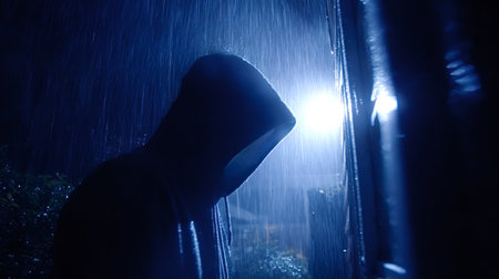 Hooded figure silhouetted against a bright streetlight while standing in pouring rain at night,...