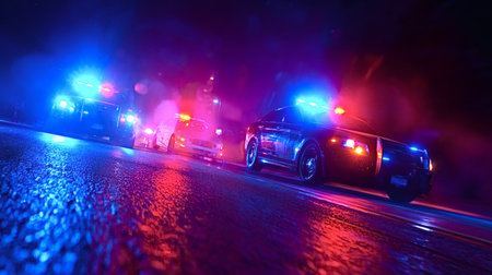 Police vehicles are driving at high speed during a night chase on a wet road, illuminating the scene...