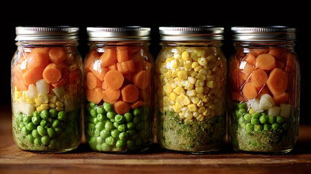 Four glass jars stacked with layered peas, corn and carrots for preserved, homemade vegetables vibrant, rustic pantry storage promoting healthy, sustainable eating and meal prepの写真素材
