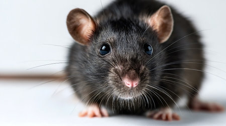 Black rat with shiny black fur and delicate pink nose staring into camera, close up portrait...