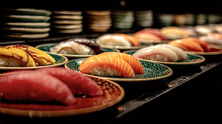 Freshly prepared sushi nigiri with various fish toppings like salmon and tuna rotating on a kaitenzushi conveyor belt, offering a traditional Japanese dining experienceの写真素材