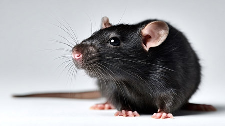 Black rat with pink ears and nose standing on a plain white surface, looking left while showing its long whiskers and smooth fur, creating a clean studio shotの写真素材