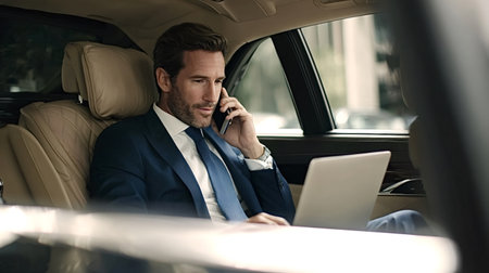 Business executive working in the backseat of a luxury sedan, juggling laptop and phone while...