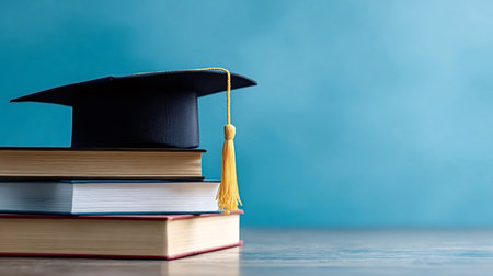 Black academic graduation cap with a yellow tassel resting on a stack of hardcover books, symbolizing education, achievement, and academic success against a blue background with copy space