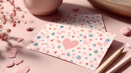 Pink card with heart and flower pattern for mother's day or valentine's day, surrounded by baby's...