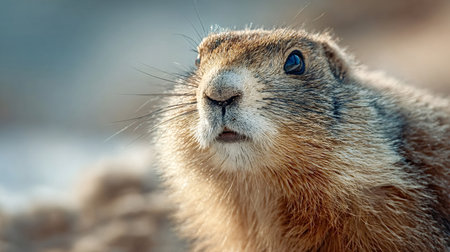 Prairie dog profile portrait showing furry face, keen eye and whiskers as it stands alert and curious in sunlit grassland habitat, soft background and sharp detailの写真素材